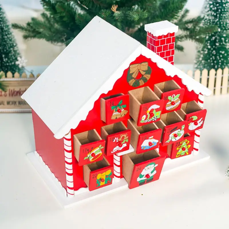 Рождественский деревянный дом обратного отсчета Адвент календарь 24 ящика конфеты подарок держатель 72XF