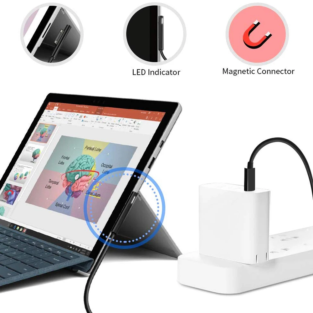 PD USB Type C Charger for Microsoft Surface Pro 6/5/4/3 Go Book Tablet Compatible 15V/12V 4A 3A 2.58A 65W 44W PD Charging Cable