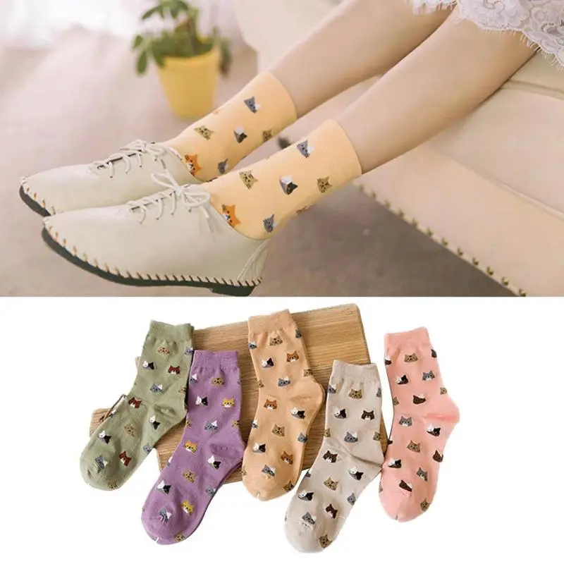 

1 Pair Of Cotton Autumn And Winter Breathable Cute Cat Prints In Stockings Japanese Soft Cartoon Cats In Stockings Random Colors