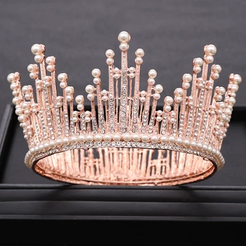 

AiliBride Rhinestone Pearl Rose Gold Round Big Crown for Wedding tiara Catwalk Dress Bridal Headpiece Hair Jewelry Accessories