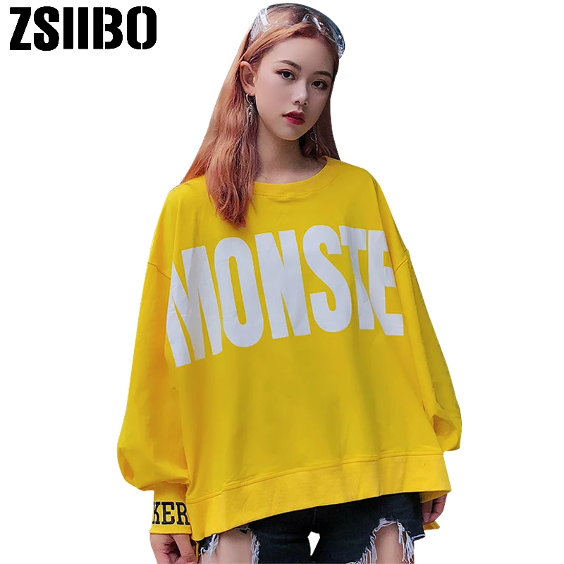 

Harajuku Style Women Sweatshirt MONSTE Letter Print O-Neck puff sleeve Casual Loose Long Sleeve Tracksuit Sweatshirts women