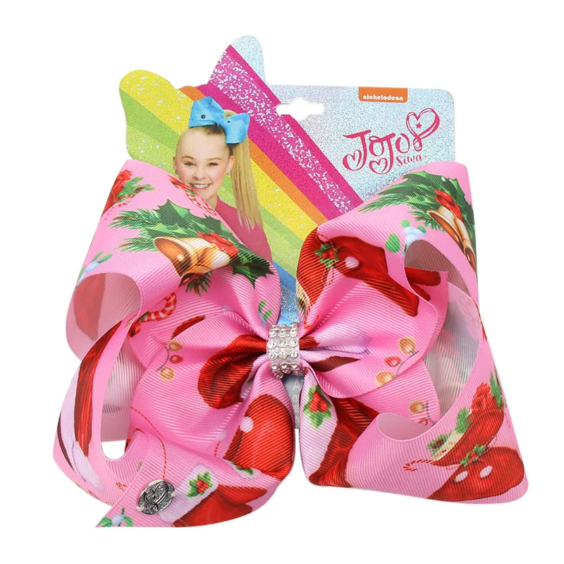 7" Christmas Jojo Siwa Hair Clip for Hair Cute Print Ribbon Hair Bows Rhinestone JOJO BOWS Children Kids Xmas Hair Accessories