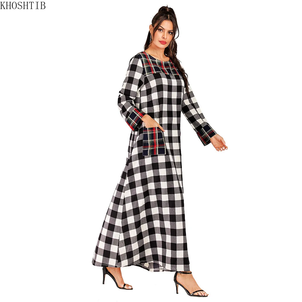 

Khoshtib Women's dress spring autumn Muslim robe The New splice Double pocket Round neck Square Long sleeve Muslim Maxi dress