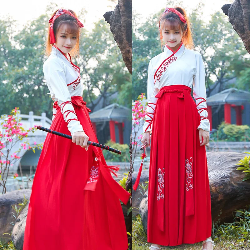Улучшенный Hanfu старинный китайский костюм Стиль длинная юбка вышивка ретро платье ежедневно Tang Qing Женская одежда для косплея DL4142