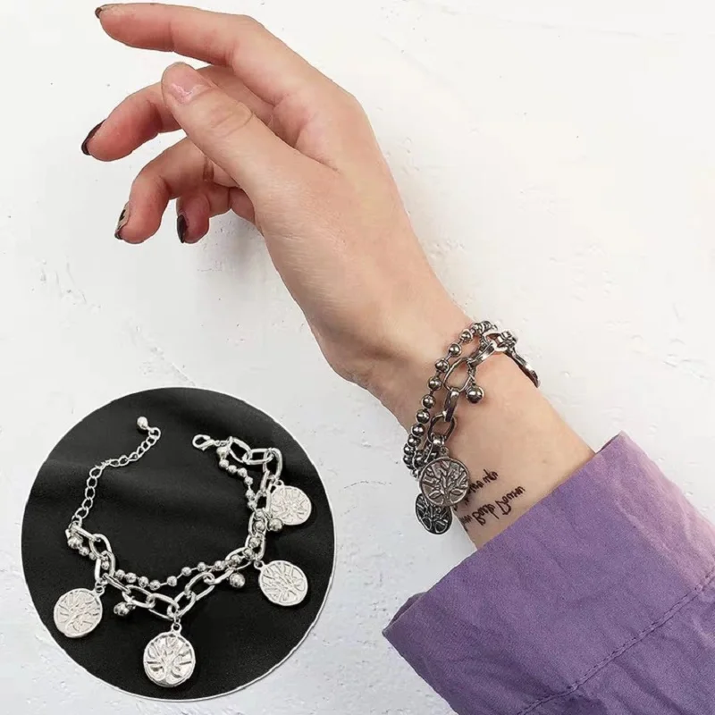 

KingDeng Life Tree Charm Bracelets Men Silver Chain Bangles Gifts Women Personalized Jewelry Friendship Punk Party Double Layer