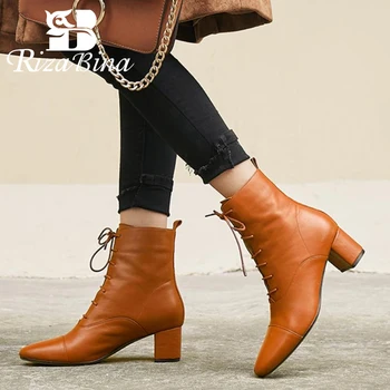 

RizaBina 4 Colors Sexy Women Real Genuine Leather High Heel Boots Lace Up Warm Shoes Women Vintage Winer Ankle Boots Size 33-41