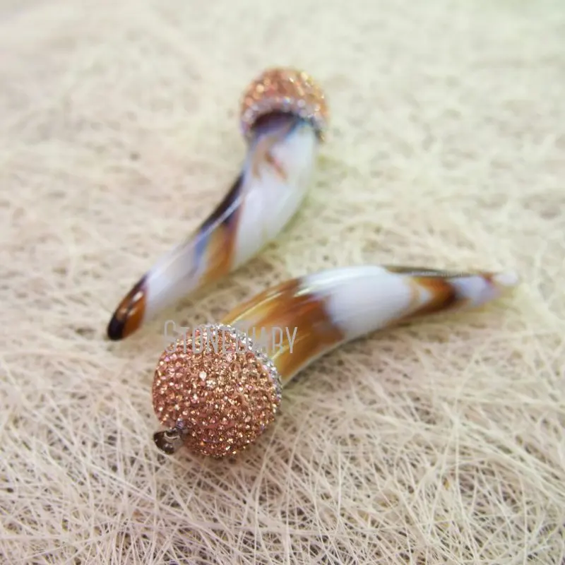 

PM402 Natural Resin Horn Tusk With Rhinestone Paved Pendant Silver Plated Boho Bohemian Jewelry Gift Ideas