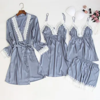 

Robe Suit Sexy Pajamas Gown Set Womens V-Neck Cami Nighties 4PC Wear Pijama Print Home Nightwear Lingerie Spring Lady Nightdress