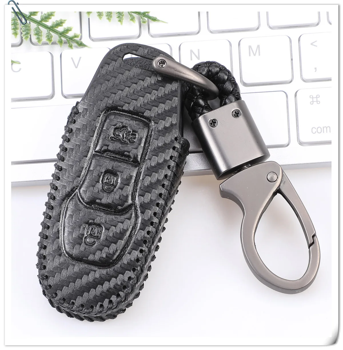 Custodia in pelle di carbonio per auto Smart Remote Key Case copertura protettiva per coperture chiave per Ford Edge Mondeo Mustang portachiavi portachiavi - Hc540cce1acc44e3f9187fe89233ae61bt