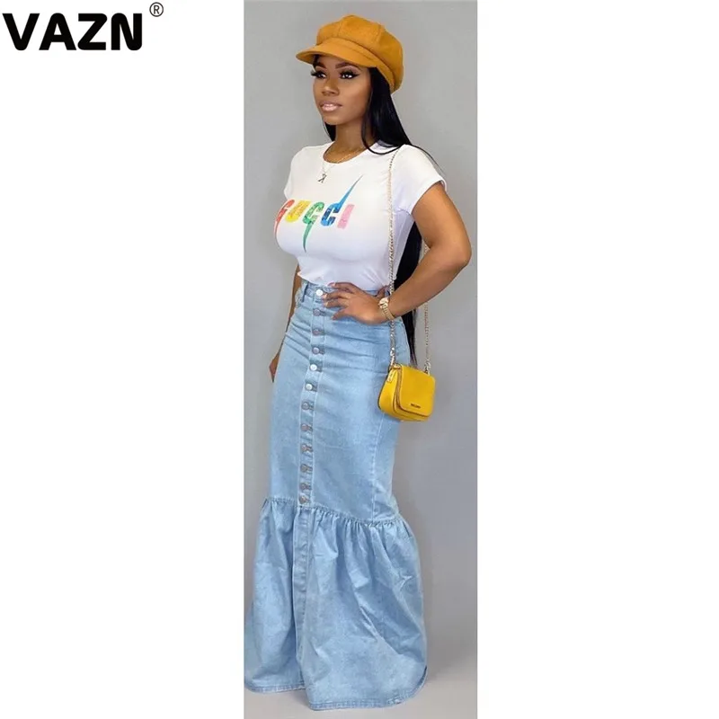 VAZN, осень, элегантный дизайн, повседневные, высокое качество, женские юбки, одноцветные, длинные, для девушек, облегающие, джинсовые, макси юбки - Цвет: light blue
