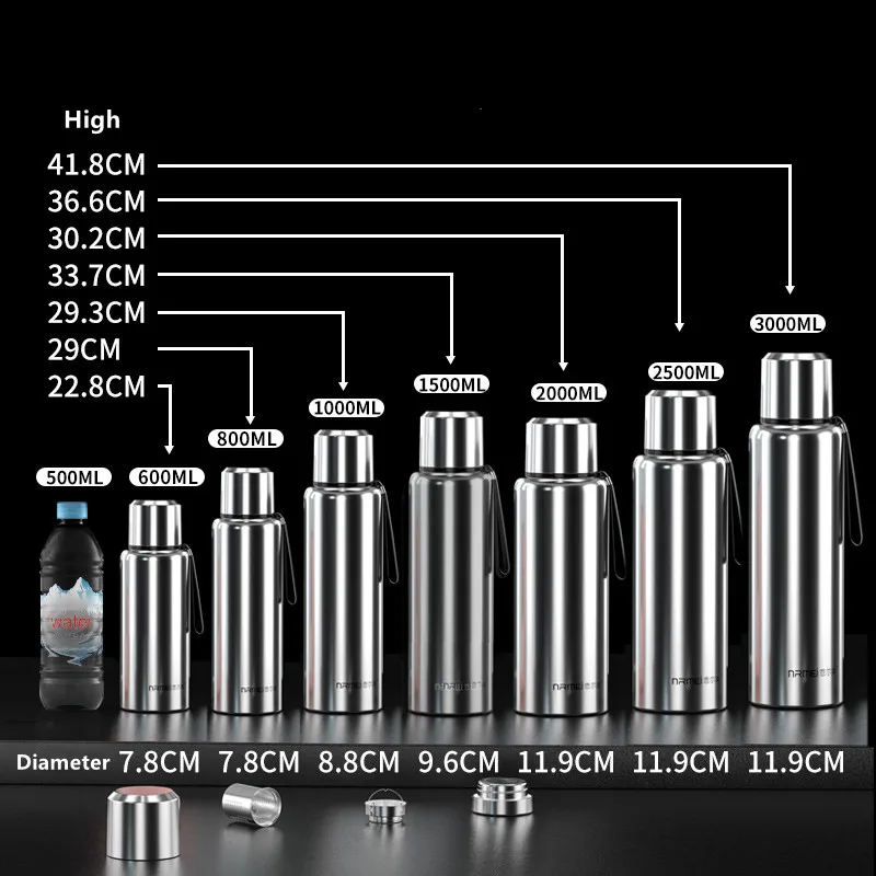 2/2.5/3L Large Capacity Thermos Bottle Stainless Steel Insulated Water Bottle Outdoor Portable Vacuum Flask for Coffee Beverages
