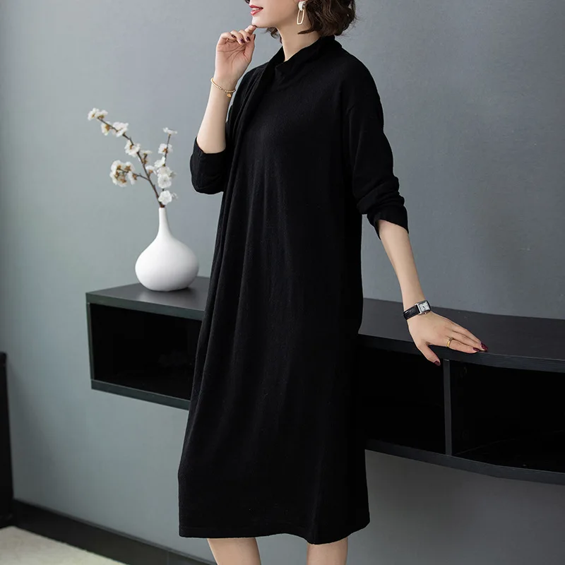 

2019 Autumn And Winter New Style Korean-Style Solid Color Turtleneck Pullover Sweater Skirt Loose-Fit Mid-length Jersey Dress Wo