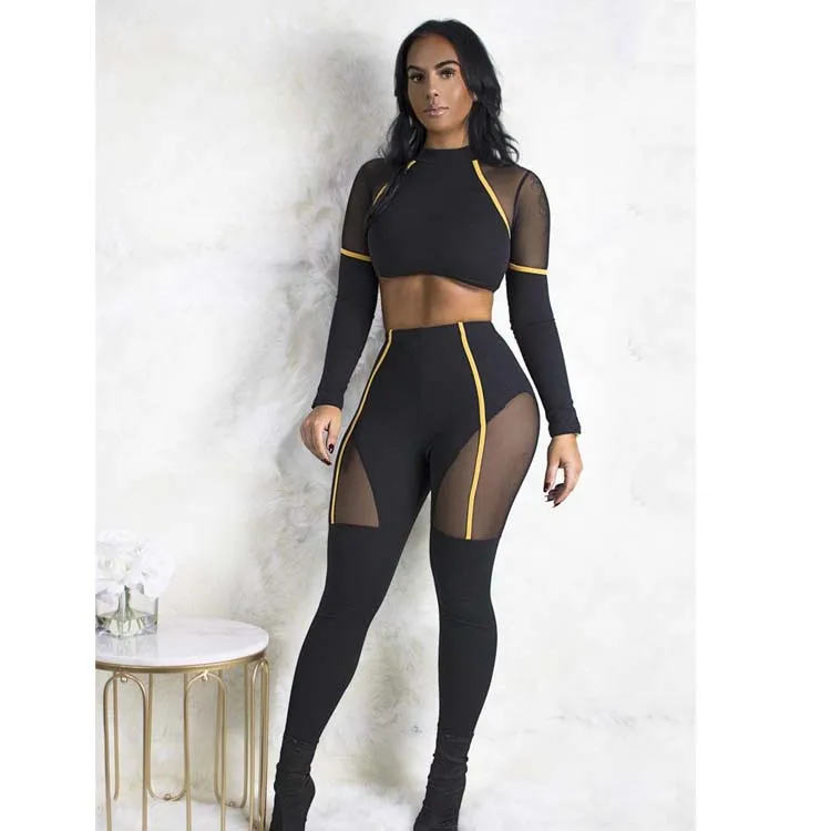 

AliExpress Transparent Voile Stripes Joint Sports Fitness Running Sexy Tight Trousers Two-Piece Set