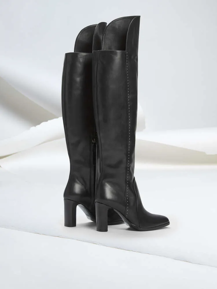 MStacchi; коллекция года; пикантные Женские Сапоги выше колена с острым носком и каменным узором; женские высокие сапоги на не сужающемся книзу массивном высоком каблуке