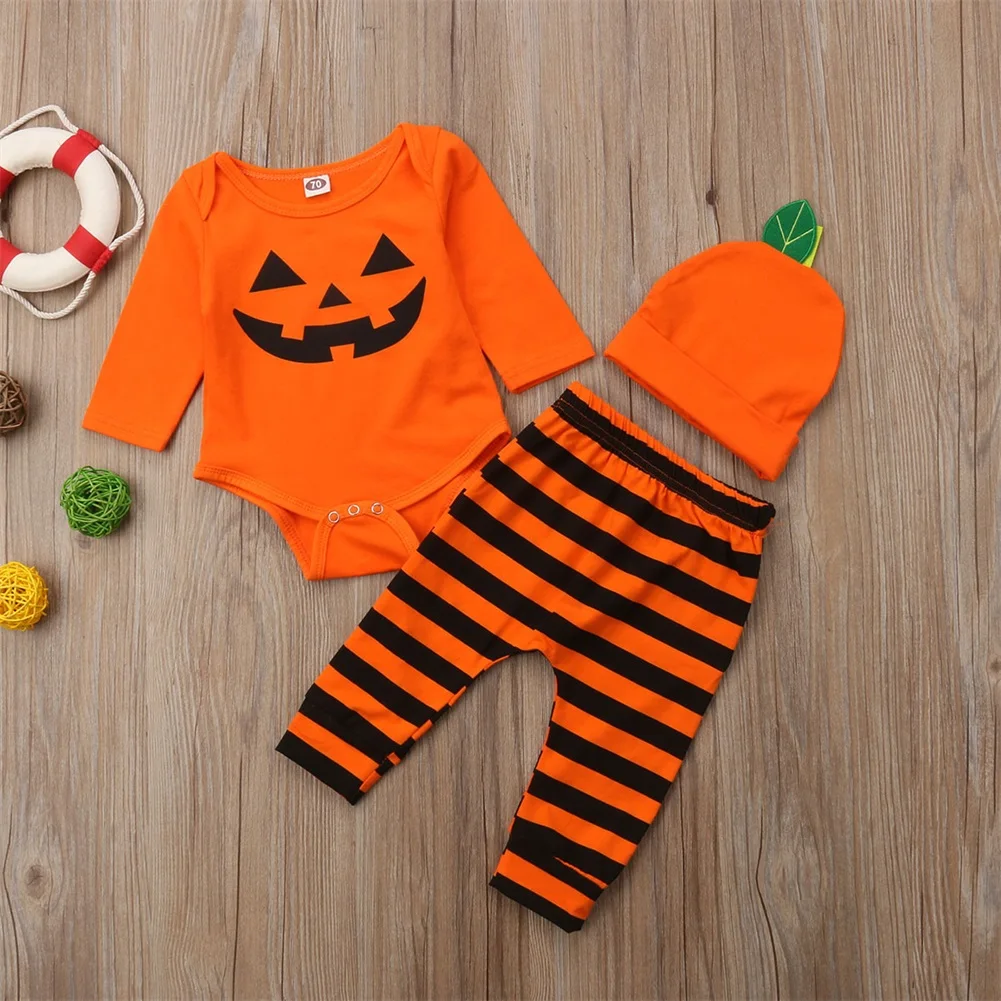 Для младенцев, для новорожденных, для маленьких мальчиков; одежда на Хэллоуин с длинными рукавами комбинезон с изображением тыквы, штаны в полоску, Леггинсы Скелет Шляпа, комплект одежды из 3 предметов