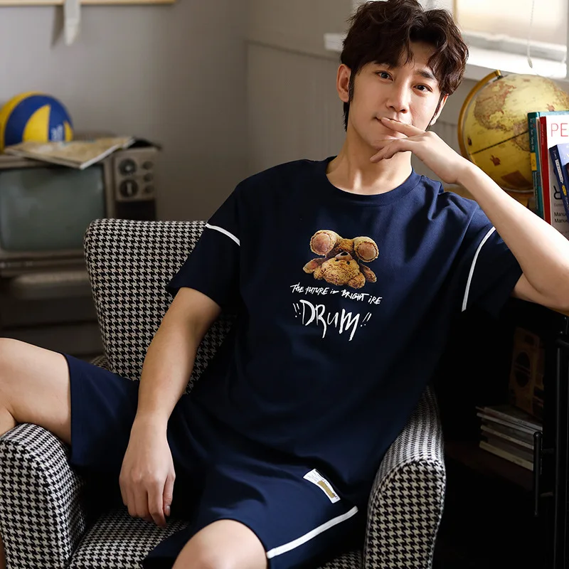 

2020 Pajamas MEN'S Short Sleeve Pure Cotton Summer Men Pure Cotton Large Size Casual Comfortable Pajamas Homewear Set