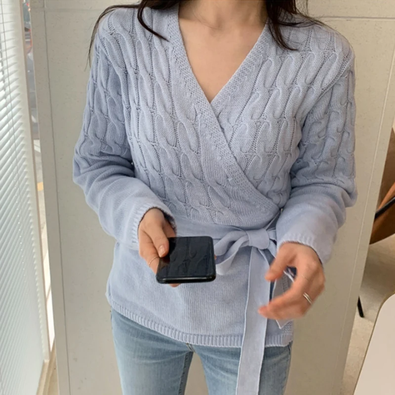

Early Autumn Slim Fit Lady Sweater Pullover Wrap Braid Knitted Jumper Belt Pull Femme Jersey Mujer