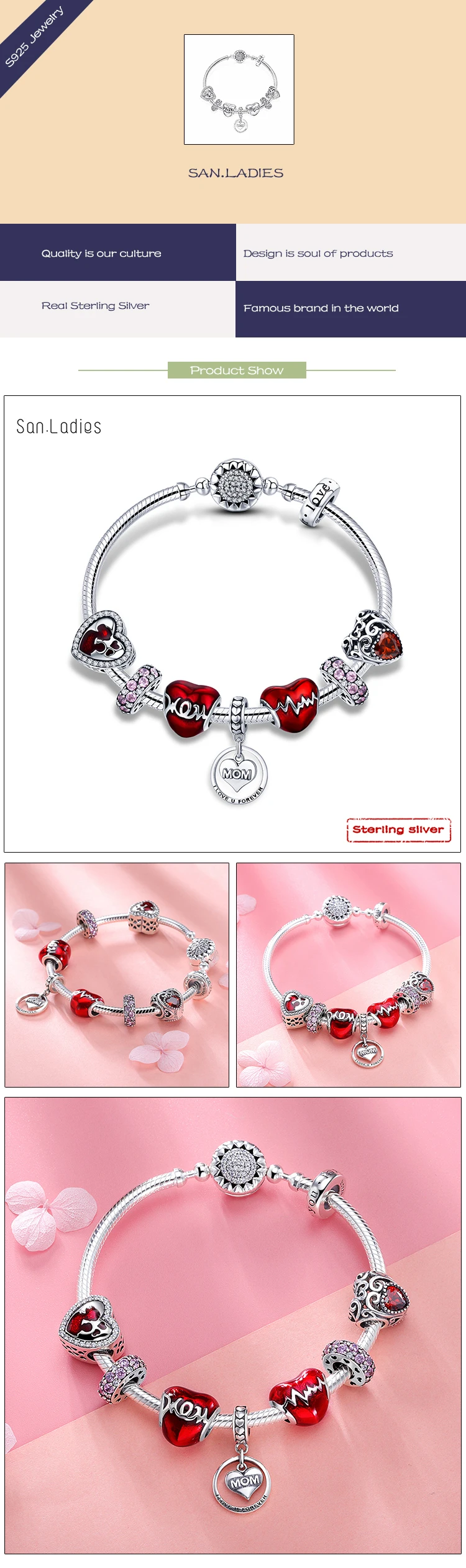 San. Ladies mum heart 925 браслеты с подвесками из серебра 925 пробы браслеты из настоящего серебра Модные женские ювелирные изделия для подарка матери
