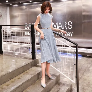 

Sleeveless Elegant Women Dresses Beads Sequins Female Evening Party Dress With Belt Young Lady Qipao Cheongsam Black Vestidos