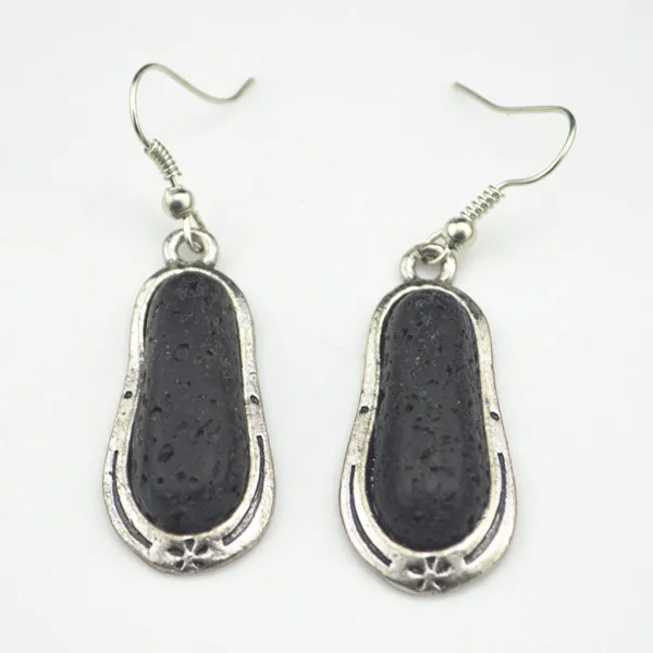 

EC008 Oval Black Lava Volcanoic Volcano Stone Dangle Earring 1 Pair Gift Jewelry Vintage Look Antique Silver Wholesaler