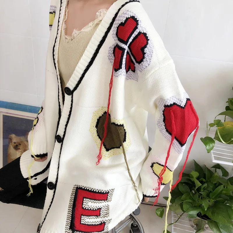 Cardigan Sweater women Tassel button V-neck fashion female love print knit long loose big yards winter clothes LXJ966