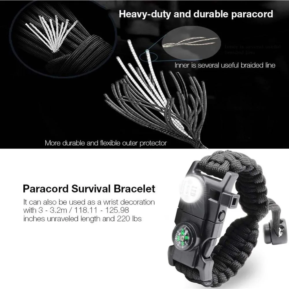 Survival Bracelet Paracord With SOS Lamp Compass Whistle Knife Outdoor for Men Women Camping Tourism SOS Emergency Kit (58)