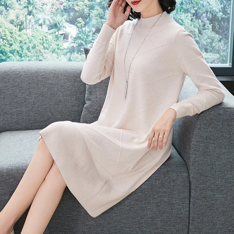 beige-plaid Новое поступление, женский длинный свитер, пуловеры, Осень-зима, Элегантный женский свитер, платье, вязаное платье - Цвет: beige-plaid