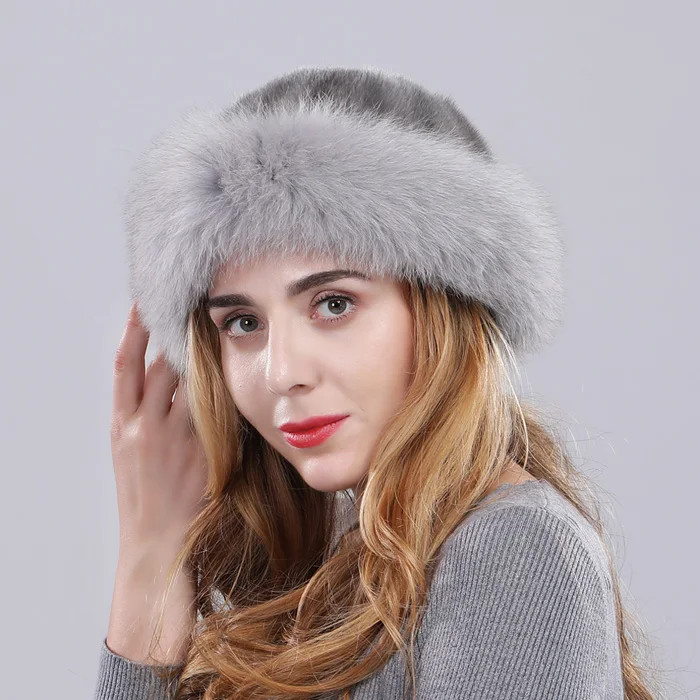 Новая модная женская шапка из натурального меха норки, бренд Fox fur Trim lady, шапка из натурального меха, зима-осень, высокое качество, натуральная норковая меховая шапка - Цвет: grey