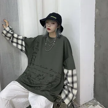 

Cool Print Japan Harajuku Grey Hip Hop T-shirts Female Autumn Fake Two Piece Long Sleeve Loose Plaid Tshirt Streetwear Women
