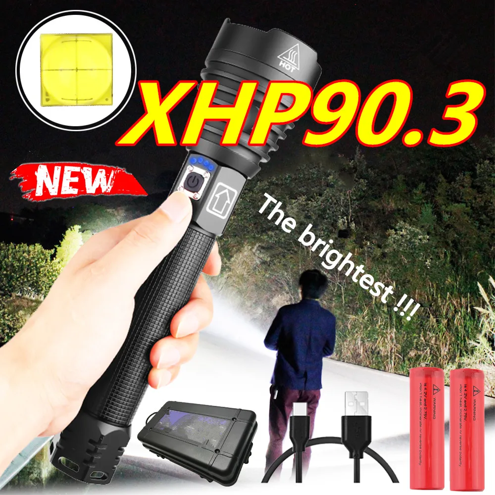 

XHP90.3 High Quality Led Flashlight Stepless Dimming Usb Rechargeable Powerbank 18650 26650 Battery Torch Zoomable Lantern 30W