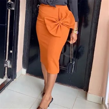 

Bow tie women bodycon skirts orange 2020 summer high waist lady work party business female skirta african midi skirts