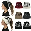 Women Casual Knitted High Ponytail Beanie Hat Lady Autumn Winter Cap Leopard Print Fashion Thick Warm Female Outdoor Sport Hats 1