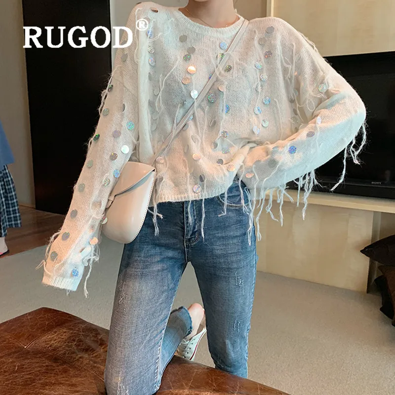 RUGOD/корейский стиль, с круглым вырезом и блестками, вязаные женские топы с длинными рукавами, Осень-зима, топы, женские пуловеры, повседневные женские свободные