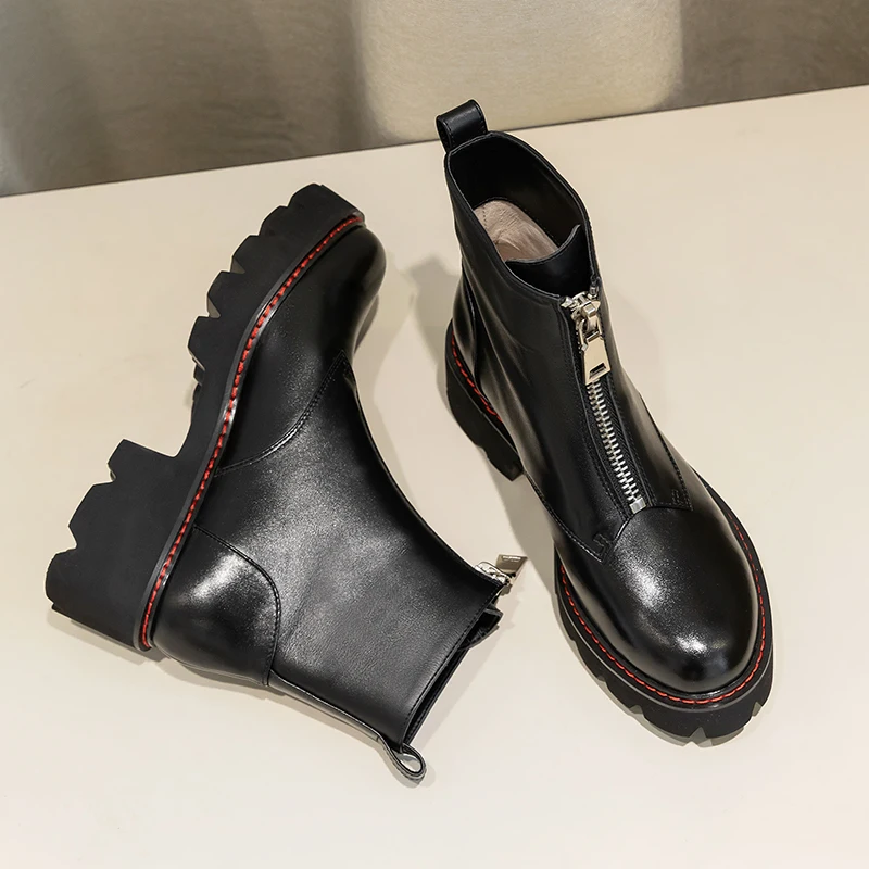 Женские ботинки; ботинки из натуральной кожи; черные ботинки Martens; женские ботильоны; мотоботы; зимняя обувь на платформе и толстом каблуке