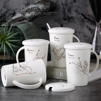 

OUSSIRRO Natural Marble 12 Constellation Ceramic Pink Zodiac Mug with lid Coffee Mugs Creative Personality Cup 400ml Lead-Free