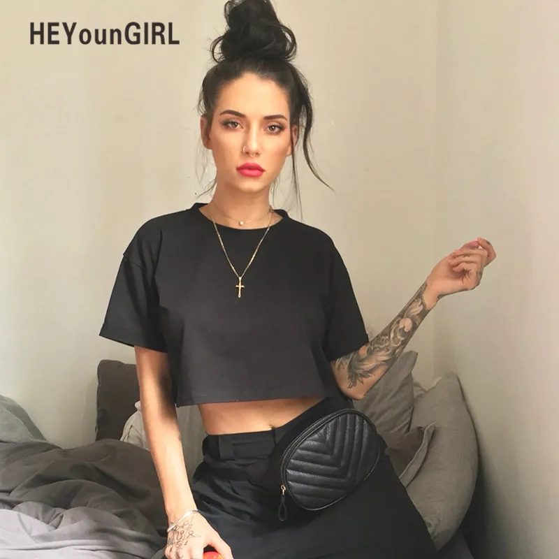HEYounGIRL однотонная Повседневная укороченная футболка с коротким рукавом модная