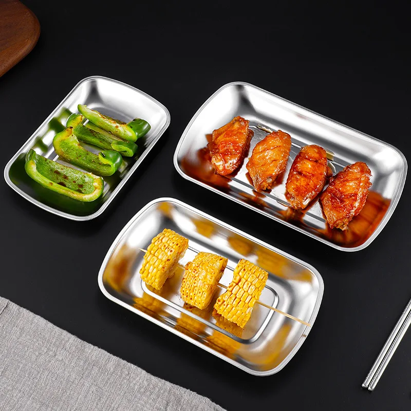 

1PC Kitchen Food Storage Tray Thicken Stainless Steel Barbecue Dish Household Vegetable Fruit Pans Rectangular Baking Plate