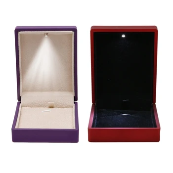 

2 Pcs LED Lighted Necklace Box Rubber + Plush Pendant Case for Jewelry Display Wedding Valentine's Day Gift (Purple&Red)