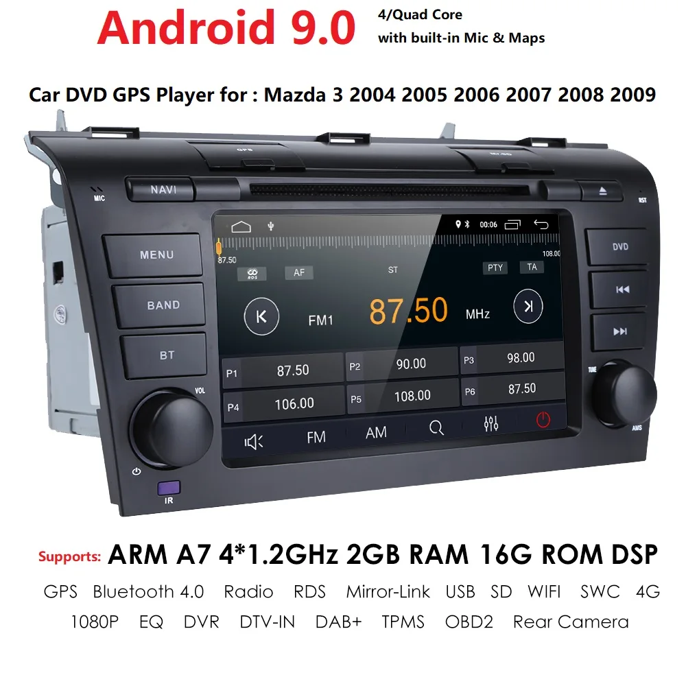 HD 1024*600 Android 9,0 Автомобильный gps мультимедийный плеер для 2004 2005 2006 2007 2008 2009 Mazda 3 2Din gps Wifi 4G FM SWC Cam Navi RDS