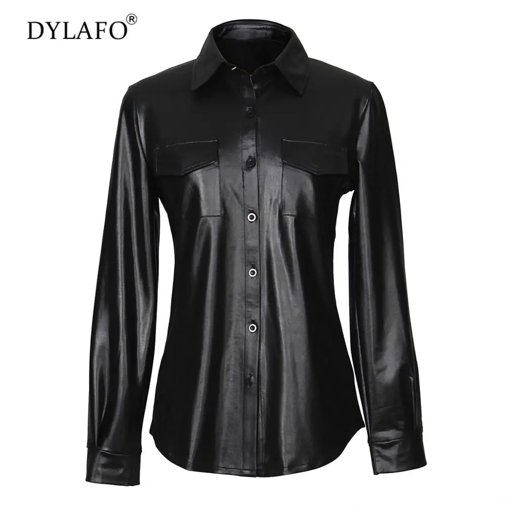 

Women's PU Leather Long Sleeve Blouses Nightclub Sexy Women PU Shirt Fashion Female Ladies Elegant Long Sleeve Tops