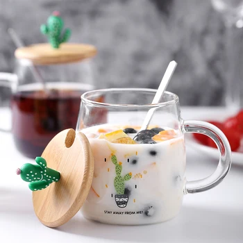 

Cute Creative Glass Cup with Spoon Lid Nordic Transparent Milk Juice Beer Cup High Capacity Student Home Container New MM60BLB