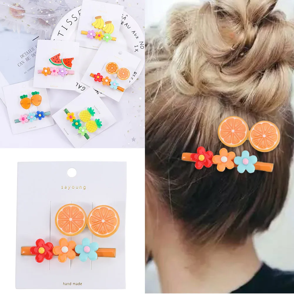 2Pcs/Lot Korean Lovely Cute Hair Clips Girls Fruit Flower Barrettes Acrylic Accessories for Kids Colorful BB Hairpins | Детская одежда
