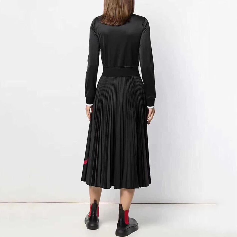 Осеннее женское черное элегантное плиссированное платье миди с длинным рукавом на молнии спереди с высокой талией Повседневные Вечерние платья знаменитостей Vestidos