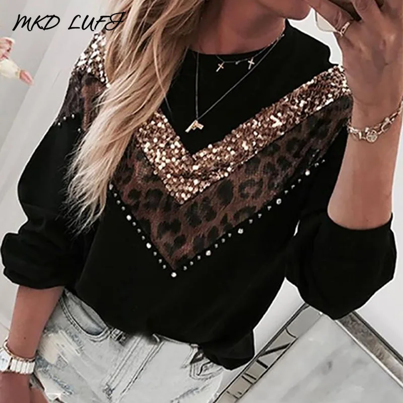 Kopen Luipaard Pailletten Colorblock Insert Casual Blouse Vrouwen Ronde Hals Lange Mouw Herfst Blouse Tops