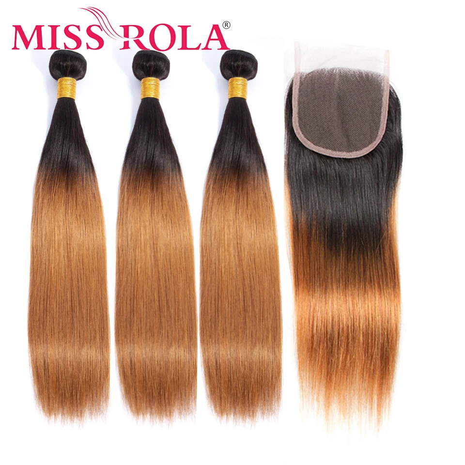 Human Hair Bundles Miss Rola Brazilian Straight Human Hair Weaving With Lace Closures 3 Bundles With 4*4 Closure Ombre 1B27 1B30 1B99 Remy Hair