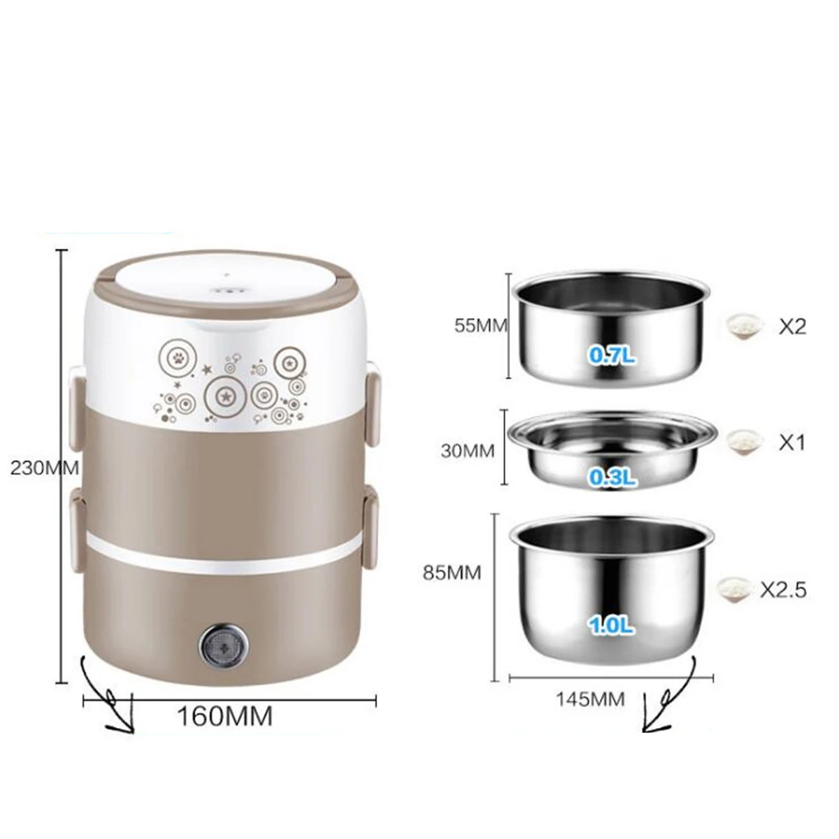 

2L Mini Electric Rice Cooker 3 Layers Steamer Portable Stainless Steel Meal Thermal Heating Lunch Box Food Container Warmer