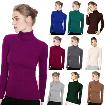 

Knitted Women Solid Pullovers Vintage Simplicity Long Sleeve High Collar Breathable Slim Sweater Fashion Female Jumper Sweater
