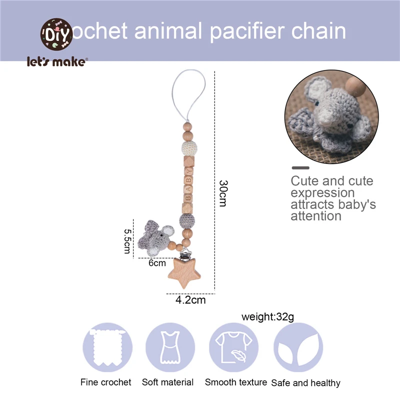 Let's Make Pacifier Chain 1pc Baby Teeting Chains Crochet Rabbit Panda Beads Wooden Clips Wood Teether Tiny Rod Kids Dummy Clips 6