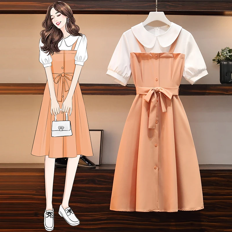 

EHQAXIN Summer Women's Dress Fashion New Sweet Doll Collar Stitching A-Shaped Button Lace-Up Fairy Dress Elegant M-4XL