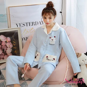 

Pregnant women Autumn Winter Thickened Interlayer plus Fertilizer May Mammal Cardigan Turndown Collar Women's pajamas maternity